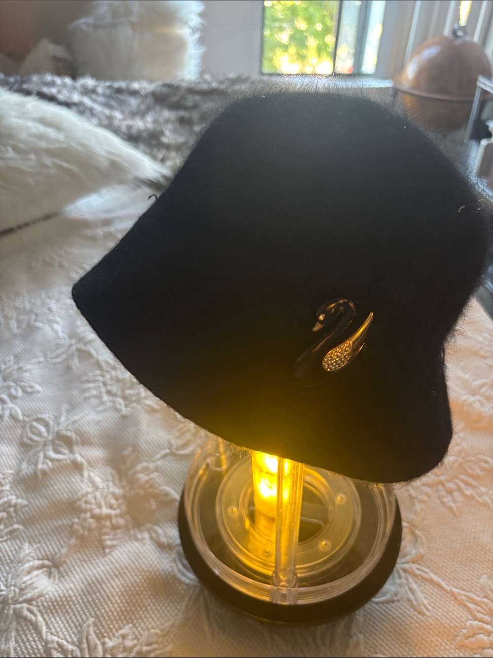 Black Wool Angora Bucket Hat with Swan Pin